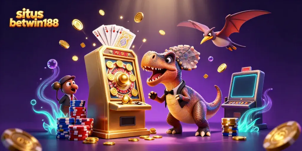 Tampilan menarik situs betwin188 dengan dinosaur 3D, mesin slot, dan koin emas yang berterbangan.
