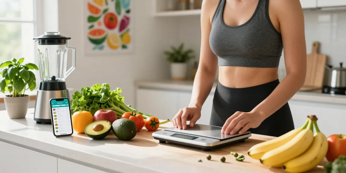 Exploring the best calorie tracking apps while preparing healthy meals in a bright kitchen.