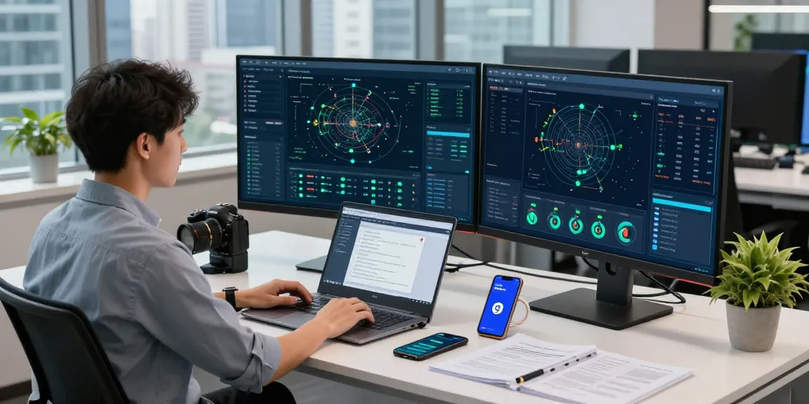 快连 network engineer working on advanced network solutions in a modern tech workspace