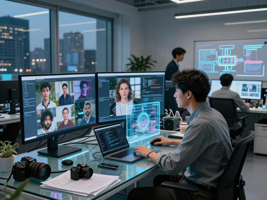AI Image Detector technology lab scene with data scientist analyzing images