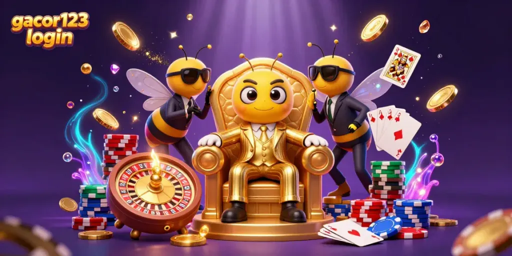 Engage with the vibrant gacor123 login scene featuring a mob boss bumblebee amidst casino elements like roulette and glittering coins.