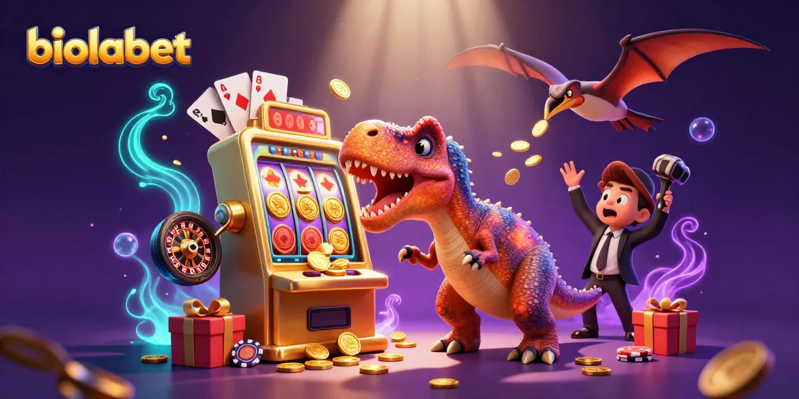Menghadirkan biolabet, dinosaurus berwarna 3D menyerang mesin slot emas di kasino dengan koin berserakan.