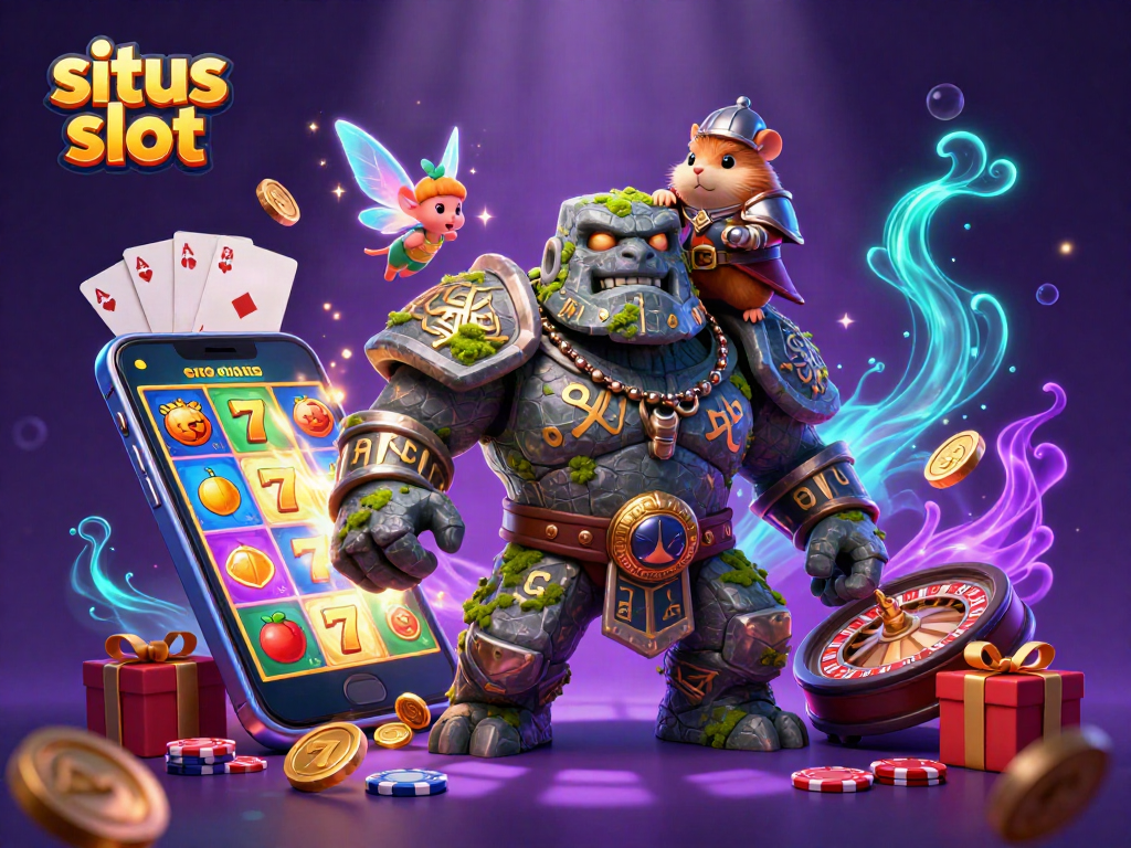 Experience exhilarating action on situs slot with ancient golem, fairy, and hamster knight surrounded by vibrant slot elements.
