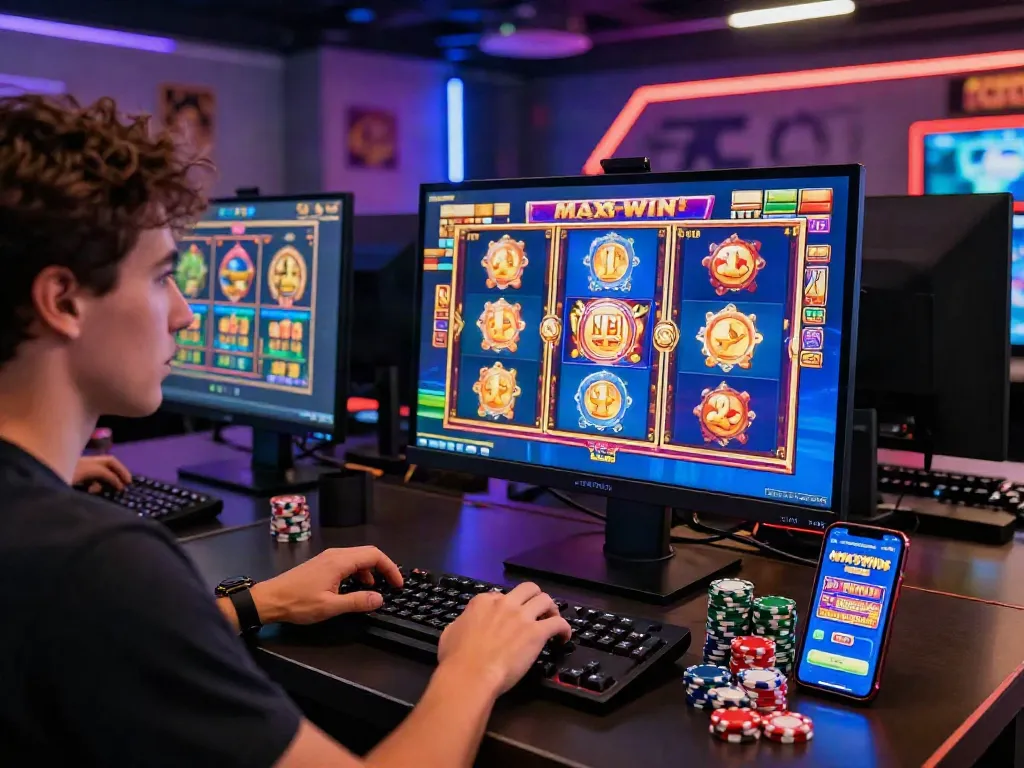 Engaged gamer enjoying a session of slot maxwin games with colorful graphics and casino chips.
