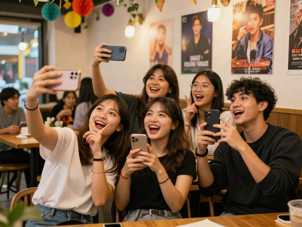 Café friends using celebrity look alike filters on phones, enjoying playful moment.