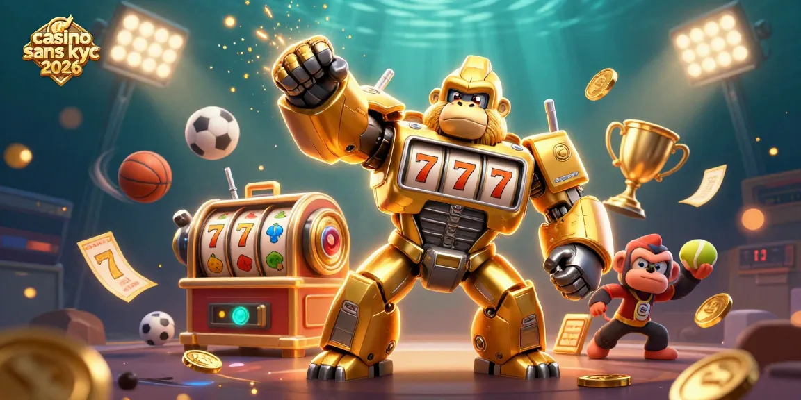 Jouez au casino sans KYC 2026 avec une illustration d'un gorille en méca doré et des éléments de jeux captivants.
