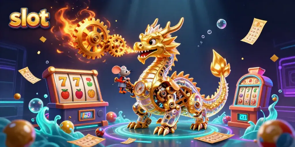 Bermain slot dengan simbol keberuntungan dan karakter mesin slot dalam suasana cerah.