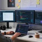 Workspace showcasing AI automation technology with a developer coding on multiple screens in a modern office.