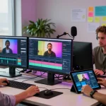 Seedance 2.0 showcasing creators in a modern studio generating videos with advanced technology.