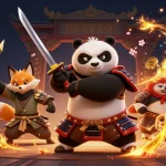 MPO500 players enjoy thrilling gameplay among samurai pandas and ninja foxes in a vibrant, action-packed casino scene.