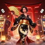 Engage with UFABET's vibrant casino experience through a stunning illustration of Asian elegance amidst dynamic game elements.
