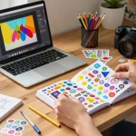 Vibrant workspace scene featuring a custom reusable sticker book assembly with colorful stickers.