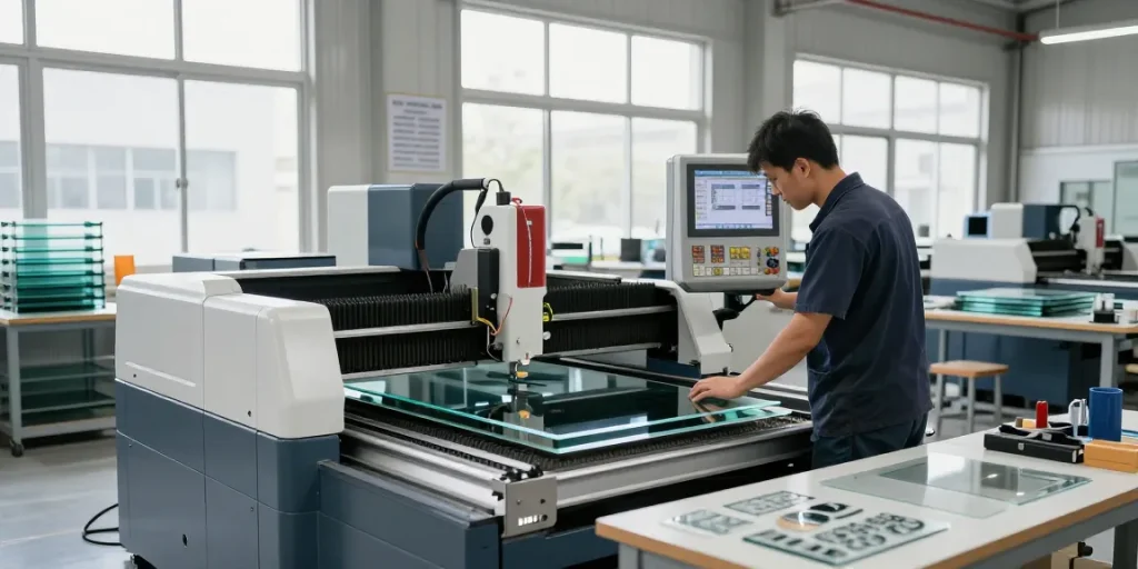 Technician operating a CNC glass cutting machine in a modern workshop, showcasing advanced glass processing technology for precision cutting.