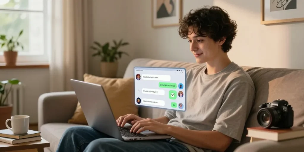 Engaging NSFW AI chat experience with diverse characters on screen, cozy home environment.