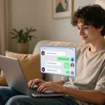 Engaging NSFW AI chat experience with diverse characters on screen, cozy home environment.