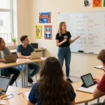 Corsi di inglese a Malta con studenti internazionali che imparano in un'aula vivace.