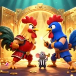 Bet on success with bantaitogel login, showcasing dynamic roosters amidst treasure in a strategic casino showdown.