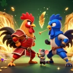 Experience the excitement of ยูฟ่า with dynamic roosters in a thrilling fight scene amidst treasures.