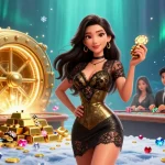 Play thrilling slot games at situs judi slot with a glamorous Asian woman amidst gold and treasures.