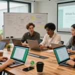Team collaborating on WhatsApp網頁版 in a bright office, showcasing productivity and modern communication.