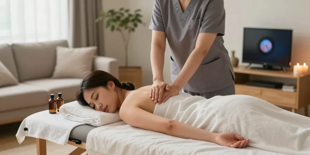 파주출장마사지 전문 한국인 관리사가 아늑한 거실에서 편안한 마사지를 제공하는 모습