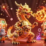 Jouez et gagnez au casino en ligne France avec des machines à sous animées et un dragon doré.