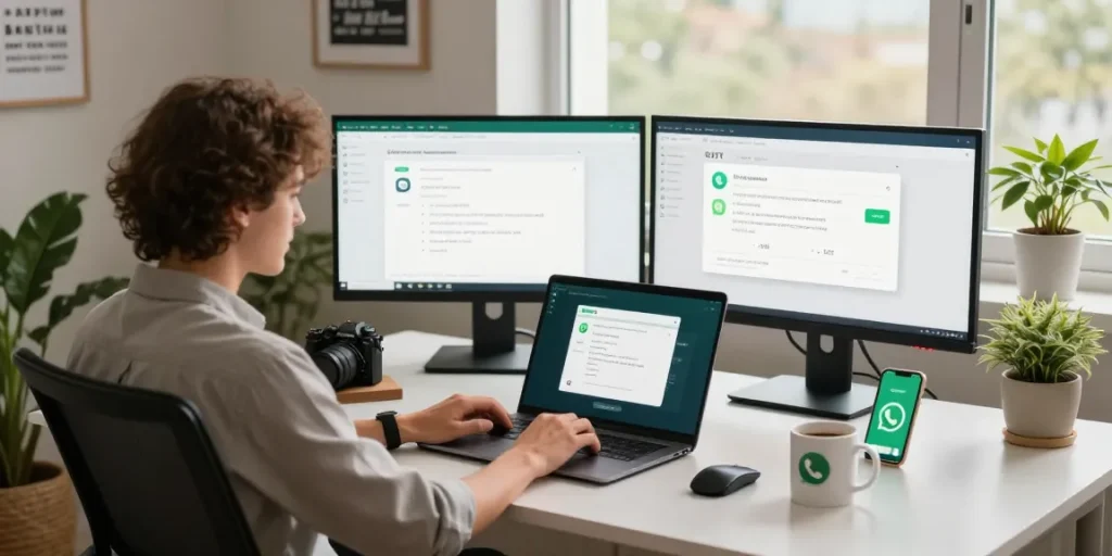 User engaging with WhatsApp網頁版 on a modern laptop in a bright office workspace.