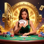 Experience situs deposit pulsa excitement with a beautiful Asian woman at a luxury poker table, surrounded by riches and gems.