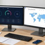 快连 application on dual monitors in a tech workspace, showcasing network speed and server locations.