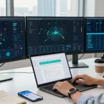 快连 network optimization in a modern tech office with multiple monitors and performance metrics.