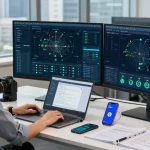 快连 network engineer working on advanced network solutions in a modern tech workspace