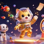 Experience Togel Hongkong action with a vibrant 3D illustration of a quirky space cat and dog amidst lottery excitement.