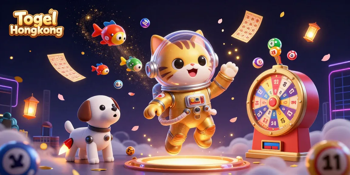 Experience Togel Hongkong action with a vibrant 3D illustration of a quirky space cat and dog amidst lottery excitement.