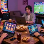 A vibrant online gaming scene showcasing 鉅城娛樂 players engaging in casino games and sports betting.