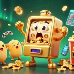 Jai club slots come alive as a golden slot machine hits a jackpot, pouring coins everywhere.