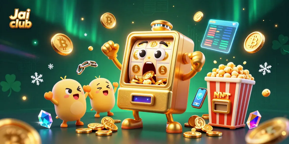 Jai club slots come alive as a golden slot machine hits a jackpot, pouring coins everywhere.