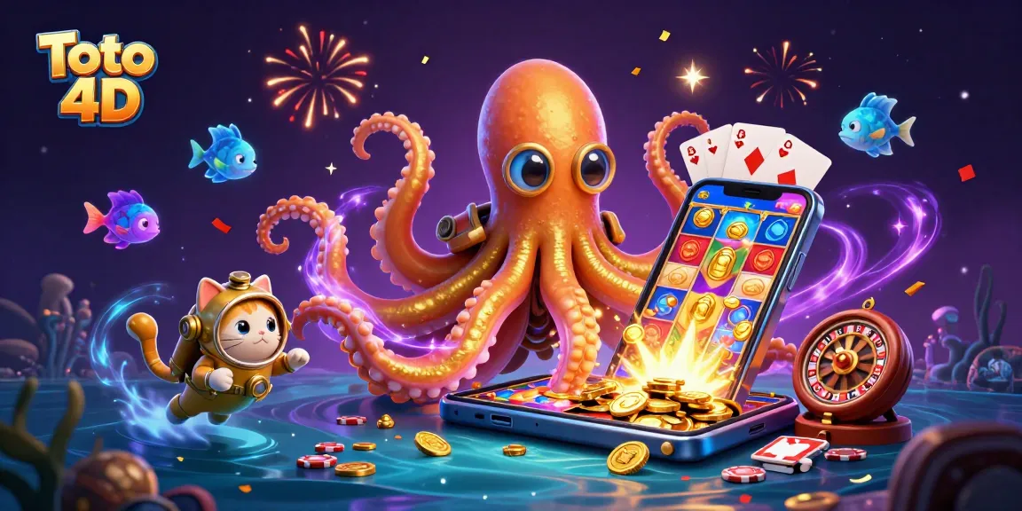 Toto 4D showcases a vibrant underwater scene with a kraken, diving cat, and slot games capturing excitement.