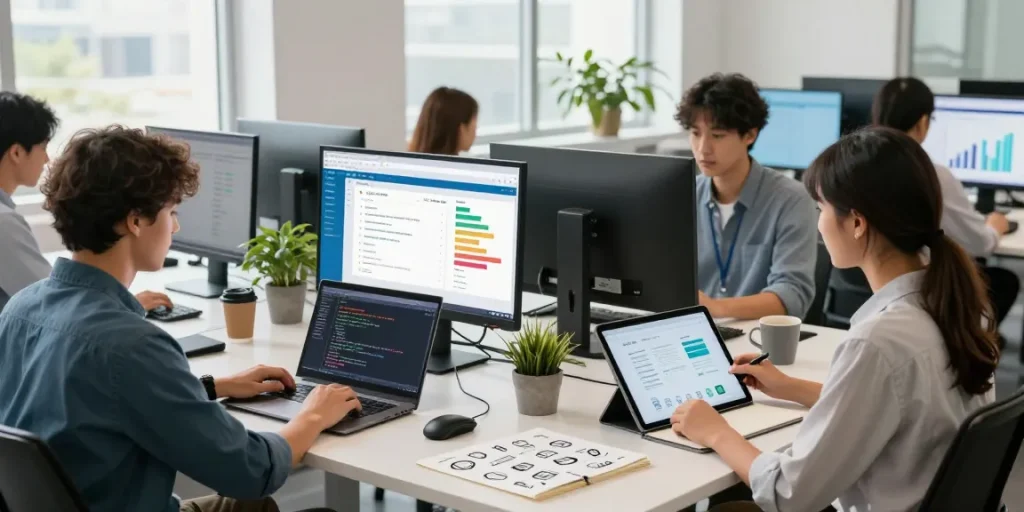 Collaboration in modern office setting while wps下载 tools enhance productivity and creativity.