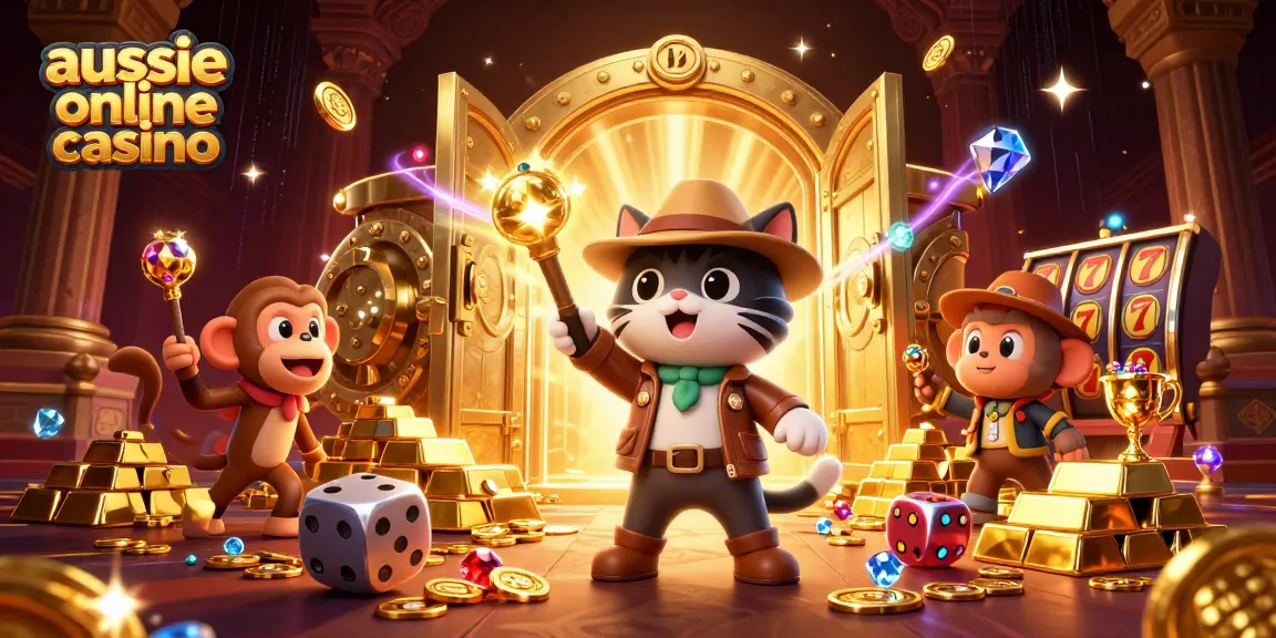 Explore exciting adventures at aussie online casino with 3D cartoon characters amid treasures and slot reels