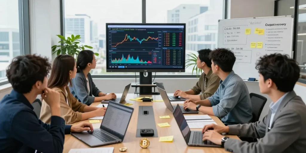 Team collaborating to recover lost crypto assets in a modern office, showcasing strategies and analytics.