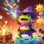 Winbox captures the thrill of online gaming with a vibrant illustration of a wizard frog and chameleon in a storm of coins.