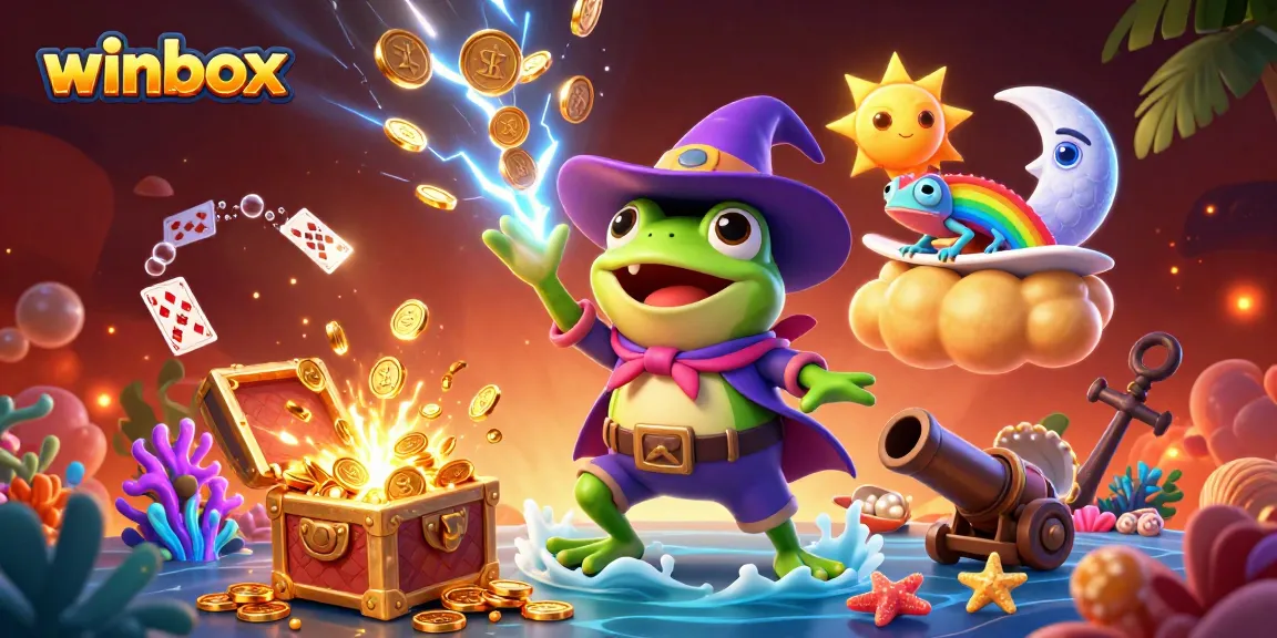 Winbox captures the thrill of online gaming with a vibrant illustration of a wizard frog and chameleon in a storm of coins.