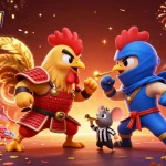 CICAKWIN showcases an epic standoff between fighting roosters amidst casino elements and treasures.