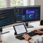 Developer coding on dual monitors, showcasing 纸飞机中文版 features in a modern tech workspace.