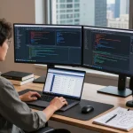 Engaging tech workspace depicting software development at teiegramin.com with coding screens and modern design elements.