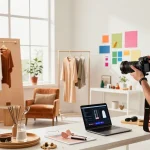 Photographe de e-commerce en train de capturer des Foto ecommerce de produits variés dans un studio lumineux.