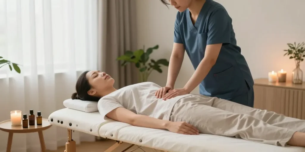 일산출장안마 전문 마사지 서비스 제공 장면에서 편안한 분위기와 아로마 오일이 있는 홈케어
