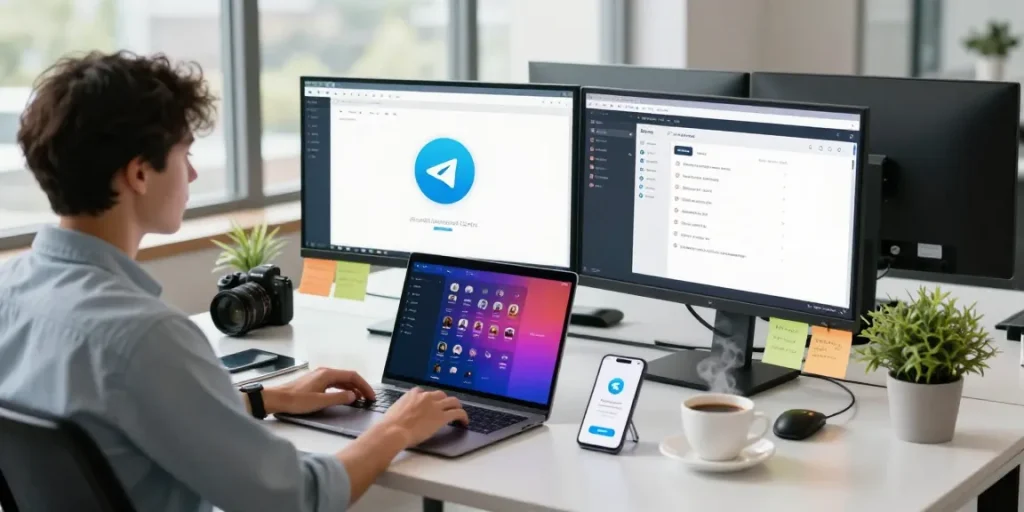 Explore telegramin-cn.com in a modern tech workspace focused on digital communication and collaboration.