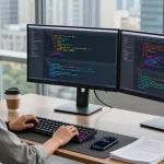 Developer coding on dual monitors in a modern office, showcasing 纸飞机中文版 apps in use.