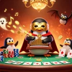 Experience thrilling new88 online gameplay with a vibrant 3D illustration of a penguin playing an organ.